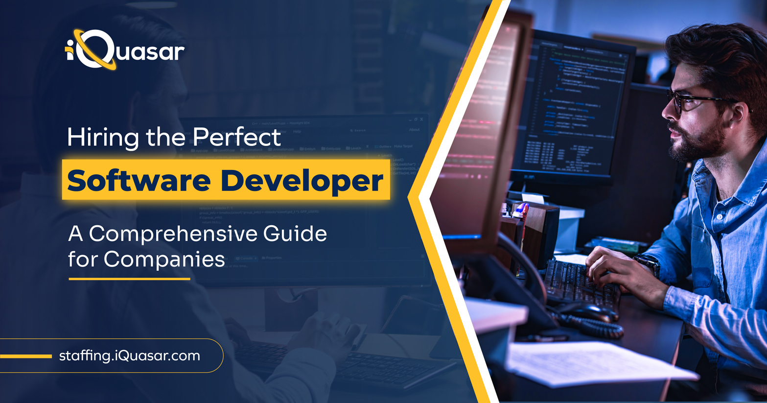 A focused software developer working on code in a dimly lit office, representing the importance of hiring the right software developer for a company's success.